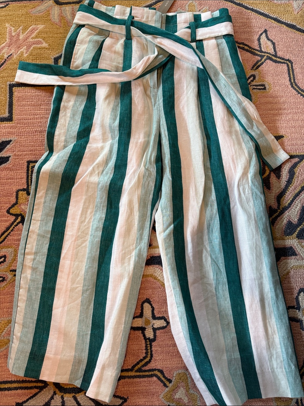 J. Crew Teal and White Striped Paperbag-Waist Cropped Pants - Picture 2 of 3